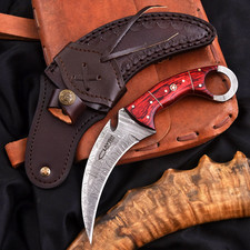 Handcrafted Damascus Karambit Knife Red Wood Hunting Survival Custom Sheath picture