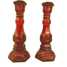 Avon 1876 Cape Cod Ruby Red Glass Candlestick / Cologne Bottles 8.75in - 2pc set picture