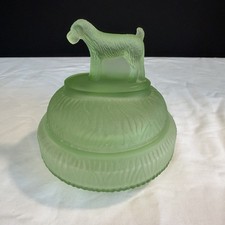 1930s L.E.SMITH STANDING TERRIER URANIUM GLASS POWDER JAR GREEN SATIN ART DECO picture