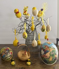 Vintage Easter Lot Flocked, Paper Mache, Eggs, Chicks, Bunny, Germany, Europe picture