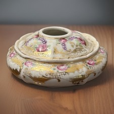 Antique Porcelain Hair Receiver Hand Painted floral, Roses Gilt Victorian Vanity picture