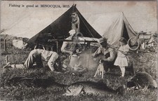 Fishing Camp Minocqua Wisconsin WI Tent Motorcycle Johnson RPPC 1925 Postcard picture