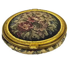 Vintage Round Floral Tapestry Cosmetic Compact Mirror w/ Powder Puff Gold Tone picture
