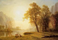Large Oil painting landscape Kings River Canyon California & deer by river 36