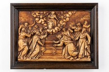 Antique religious chalkware plaque bas relief Assumption mary wood frame picture