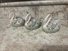 Vintage Porcelain White Swan Applied Delicate Flowers Trinket Vase Planters X3 picture