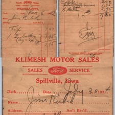 x3 LOT 1932-1937 Spillville Iowa Klimesh Ford Garage Motor Sales Receipts IA Vtg picture