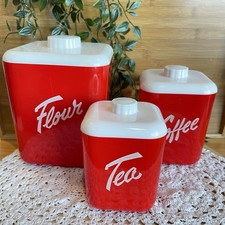 VTG Red Lustro Ware Canister Set MCM Plastic Flour Tea Coffee 1950s Display READ picture