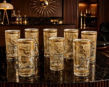 Vintage Lot 8 x Cera 22K Gold Old World Map Highball Glasses MCM Barware 1960s picture