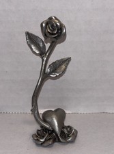 Vintage S&A Pewter Miniature Rose Flower Sculpture Figurine Heart Thorns Stem picture