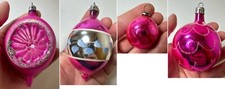 Lot 4 Vintage MCM Hot Pink Fuchsia Indent Teardrop Bulb Glass Ornament Poland picture