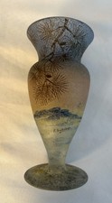 ANTIQUE HANDEL TEROMA ART GLASS VASE HAND PAINTED PINE CONE LANDSCAPE SIGNED picture