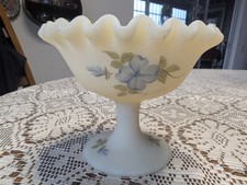 Vintage Fenton Custard Glass Hand-Painted Violets Signed Ruffled Pedestal Bowl picture
