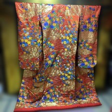 Japanese Nishijin-ori Four Seasons Flowers Vermilion Uchikake Kimono picture