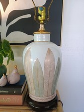 VTG MCM Asian Ceramic Table Lamp on Wood Base, Hand-Painted Leaves with Gold picture