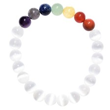 CHARGED 7 Chakra Selenite Crystal Stretchy Bracelet + Selenite Puffy Heart picture