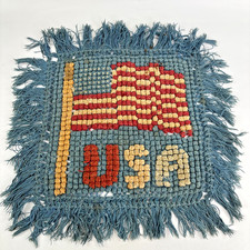 Vtg Antique Hand Crocheted USA Flag 48 Star Pom Pom Chenille Pillow Sham picture