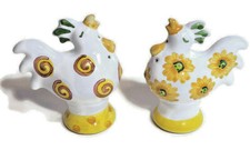 Chickens Rooster Salt & Pepper Shakers Whimsical Porcelain White Yellow Design picture