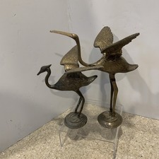 Vintage Pair Brass Crane Heron Egret Bird Figurines Mid-Century Modern 9”/ 71/2” picture