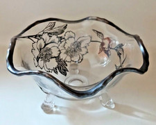 Vintage Art Clear Ruffle Glass Bowl w/ Silver Overlay Flowers 3 Footed Dish picture
