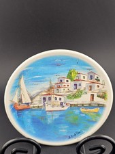 Vintage Handmade Greek Ceramic Wall Plate Harbor Village Scene Greece Souvenir picture
