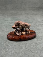 Art Deco Wild Boar Figurine Cast Bronze Statuette Base In Obsidian Stone picture