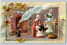 c1910's Thanksgiving Pilgrims With Turkey Fireplace Cat Raphael Tuck Postcard picture