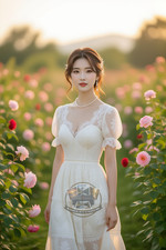 Woman Ornate Ivory Lace Tea Dress Pearl Trim Strolling Studio 4X6 Art Print picture