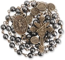 Bronze St Michael Rosary Hematite Stone Beads Necklace Metal Beaded picture