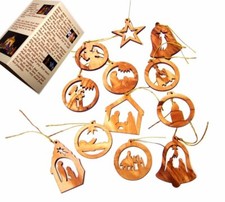 Olive Wood Ornaments - Mix (Set of 12 Flat Ornaments). picture