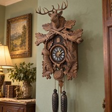 Vintage German Cuckoo Clock Hand Carved Hunting Deer Rabbit Pine Cone Weights  picture