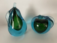 GLOWS 60’s Murano Venetian Glass PEAR & APPLE Book Ends BEAUTIFUL BLUE & GREEN picture