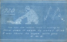 Women's Suffrage Homemade Humor Cyanotype WHERE MAN IS COMING TO RPPC 1912 bhn picture