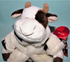 Russ Berrie plush white & brown cow in a coat #66183 NEW, 6 in, sitting farm picture