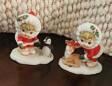 Vintage Lefton Ceramic Eskimo Christmas Snow Girls Deer & Penguin Set 08284  picture