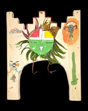HOPI HEADDRESS TABLITA ORIGINAL PAINT WOOD LEATHER FEATHER SW ART EARLY CARVING picture