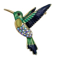 Bird Blue Enamel Hummingbird Brooch Pin Crystal Gold Tone picture