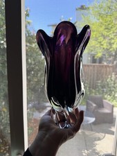 Vintage Polish Art Glass Vase Amethyst Purple Flared Tulip Bohemian Style Heavy picture
