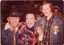 FOUND PHOTO - Three handsome affectionate gay men in denim 1970s picture
