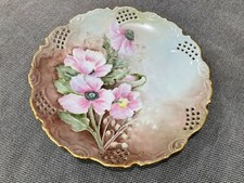 Antique Pierced Porcelain Cabinet Plate w/ Pink Flowers Signed M. Landuyr picture