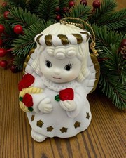 Christmas Angel Bell Ornament Porcelain Red Roses White with Gold Trim picture