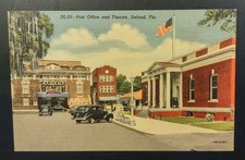 Unused 1947 DeLand Florida Post Office Athens Theater Linen Postcard FL St Scene picture
