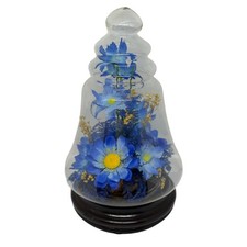 VTG Floral Arrangement Under Glass Cloche Dome Blue Faux Flowers Wood Base Decor picture