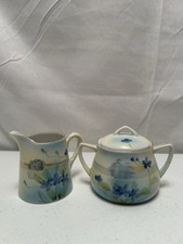 Nippon Hand Painted Porcelain Cream & Sugar Set w/Gold Guilding Blue Flowers picture