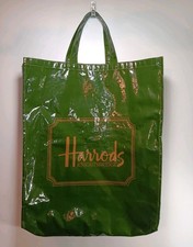 Vintage Harrods Shopping Bag Tote Glossy Vinyl Cotton PVC Green 15