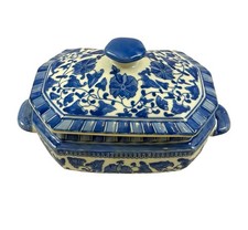 Unmarked Blue & White Floral Octagonal Ceramic Covered Dish w/ Lid & Handles picture