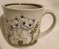 Vintage 1970s Stoneware Happy Cats Kitty Coffee Mug Brown & Green 10 oz picture