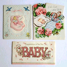 Lot 3 Vintage Baby Congratulations Welcome Cards 1950s Used Sweet Images picture