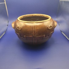 Vintage USA Pottery Brown Stoneware Bean Pot – Geometric Diamond Motif –... picture