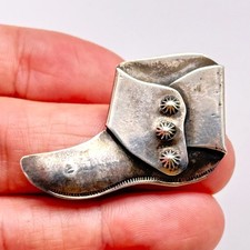 Vintage Southwest Arts and Crafts Cowboy Boot Stampwork Slug Silver Pin Brooch picture